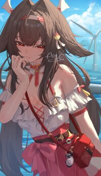 1girl absurdres animal_ears aooni_09 bag bare_shoulders blue_sky breasts brown_hair cleavage closed_mouth cloud cloudy_sky commentary_request floppy_ears highres looking_at_viewer official_alternate_costume outdoors red_bag red_skirt shirt short_sleeves shoulder_bag skirt sky smile solo white_shirt ye_shunguang ye_shunguang_(touch_of_dawnlight) zenless_zone_zero