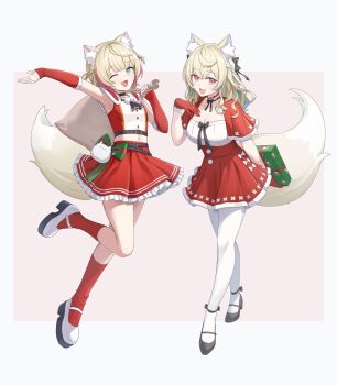 2girls :d ;d alternate_costume animal_ears armpits black_bow black_shoes blonde_hair blue_eyes blue_streaks blunt_bangs bow box braid breasts capelet commentary cropped_shirt dog_ears dog_girl dog_tail elbow_gloves english_commentary frilled_sleeves frills full_body fur-trimmed_capelet fur-trimmed_gloves fur_trim fuwawa_abyssgard gift gift_box gloves hair_bow half_up_braid hand_up high-waist_skirt highres holding holding_gift holding_sack hololive hololive_english large_breasts long_hair looking_at_viewer mary_janes midriff miniskirt mococo_abyssgard multicolored_hair multiple_girls navel official_alternate_hairstyle one_eye_closed open_mouth outstretched_arm pantyhose perroccino_(fuwamoco) pink_eyes pink_streaks red_arm_warmers red_capelet red_gloves red_skirt red_socks ribbed_socks sack shirt shirt_tucked_in shoes short_hair siblings simple_background sisters skirt sleeveless sleeveless_shirt smile socks streaked_hair tail tokisaka_makoto twins two_side_up virtual_youtuber white_pantyhose white_shirt white_shoes