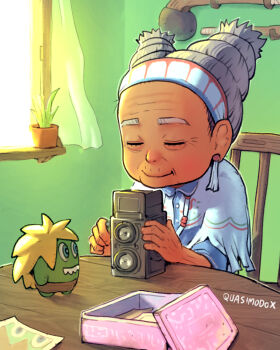 Rule 34 | 1girl, aged up, antique camera, blanka-chan, box, camera, chair, character doll, closed eyes, club (weapon), dark-skinned female, dark skin, doll, fringe trim, headband, highres, holding, holding camera, lily hawk, old, old woman, photo (object), pogamoggan, poncho, quasimodox, sitting, smile, solo, spanish commentary, street fighter, street fighter 6, table, weapon, weapon on wall