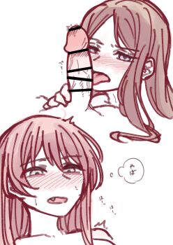 2girls absurdres bang_dream! bang_dream!_it's_mygo!!!!! bar_censor blush brown_hair censored chihaya_anon commentary_request fang fellatio futa_with_female futanari highres long_hair multiple_girls nagasaki_soyo open_mouth oral penis precum shibadooog sidelocks simple_background white_background