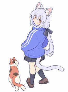 1girl animal animal_ear_fluff animal_ears black_ribbon black_skirt black_socks blue_hair blue_jacket blush brown_shoes cat cat_ears cat_girl cat_tail closed_mouth full_body hair_between_eyes hair_ribbon jacket long_hair long_sleeves looking_back original pleated_skirt ribbed_socks ribbon shoes simple_background skirt socks solo standing suzuno_(suzuno3110) tail track_jacket white_background yellow_eyes