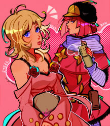 Rule 34 | 2girls, absurdres, artist name, bag, blonde hair, blue eyes, bob cut, breasts, capelet, cleavage, commentary, copyright name, cream starter (stand), dress, english commentary, hat, highres, holding, hot pants (sbr), huyandere, jojo no kimyou na bouken, lucy steel, medium breasts, medium hair, multiple girls, pink background, pink capelet, pink dress, pink eyes, pink hair, pouch, short dress, signature, sleeves past wrists, spray can, stand (jojo), steel ball run
