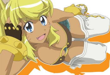 1girl animal_ear_fluff animal_ears belt_bra blonde_hair blue_eyes boots bracelet breasts cleavage dark-skinned_female dark_skin denim denim_shorts elbow_rest facial_mark fang fingerless_gloves gloves gold_bracelet hand_on_own_head jewelry large_breasts liru long_hair looking_at_viewer lying non-web_source o-ring ponytail renkin_san-kyuu_magical_pokaan shorts simple_background spiked_bracelet spikes studded_bracelet swept_bangs tan teeth upper_teeth_only whisker_markings white_background white_boots