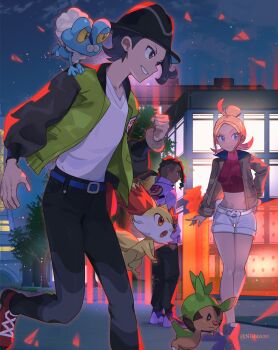 1girl 2boys absurdres belt black_hair black_hat blonde_hair blue_belt blue_eyes breasts brown_jacket building chespin closed_mouth colored_sclera commentary crop_top cropped_shirt dark-skinned_male dark_skin english_commentary fennekin fox froakie gen_6_pokemon gradient_hair green_jacket hair_bun hat highres hsin jacket long_hair long_sleeves lumiose_city midriff multicolored_hair multiple_boys naveen_(pokemon) navel night night_sky nintendo on_shoulder open_clothes open_jacket open_mouth outdoors pants paxton_(pokemon) pink_hair pokemon pokemon_(creature) pokemon_legends:_z-a pokemon_on_shoulder prism_tower red_eyes red_shirt ribbed_shirt shirt shoes short_hair shorts sky smile striped_hat taunie_(pokemon) tree turtleneck white_jacket white_shirt white_shorts yellow_sclera