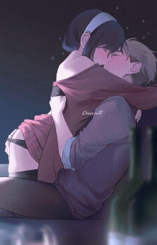 affectionate ass_grab back_cutout bare_shoulders beehive_hairdo black_panties black_pantyhose blush bottle chocorut closed_eyes clothes_pull clothing_cutout french_kiss hairband hand_in_panties hand_on_another&#039;s_back hetero highres hug husband_and_wife kiss long_sleeves night off-shoulder_sweater off_shoulder open_mouth panties pants pantyhose pantyhose_pull red_sweater sitting spy_x_family sweater tongue tongue_out twilight twilight_(spy_x_family) underwear wine_bottle yor_briar