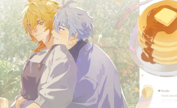 Rule 34 | 2boys, antenna hair, apron, arm tattoo, black apron, blonde hair, blue eyes, blush, braid, chest tattoo, commentary, facial tattoo, food, from side, gradient hair, grey sweater, honkai: star rail, honkai (series), hug, hug from behind, male focus, medium hair, multicolored hair, multiple boys, mydei (honkai: star rail), neck tattoo, pancake, pancake stack, parted bangs, phainon (honkai: star rail), pitzconee, profile, purple sweater, red hair, red tattoo, short hair, side braid, sun symbol, sun tattoo, sweater, symbol-only commentary, tan, tattoo, white hair, yaoi, yellow eyes