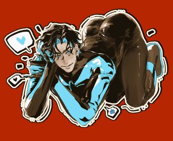 Rule 34 | 1boy, ass, ass focus, batman (series), black bodysuit, black hair, blue bodysuit, blue eyes, blue mask, bodysuit, cowl, dc comics, dick grayson, domino mask, eye mask, guoba7777, huge ass, male focus, mask, multicolored bodysuit, nightwing, superhero costume, taut bodysuit, thighs, two-tone bodysuit