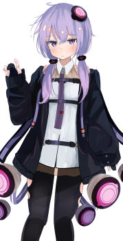 1girl black_gloves black_jacket black_pantyhose blush chest_strap clothing_cutout collarbone collared_shirt commentary_request crossed_bangs feet_out_of_frame gloves hair_ornament hair_over_shoulder highres ichiha_(ichi_u2) jacket long_hair looking_at_viewer low_twintails necktie open_clothes open_jacket pantyhose partially_fingerless_gloves purple_eyes purple_hair purple_necktie see-through_clothes see-through_skirt shirt sidelocks simple_background skirt solo standing thigh_cutout twintails voiceroid white_background white_shirt yuzuki_yukari