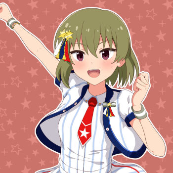 Rule 34 | 1girl, :d, arm up, border, breasts, collared shirt, commentary request, commission, cropped jacket, dress, green hair, hair ornament, idolmaster, idolmaster million live!, jacket, looking at viewer, mumyou ishi, nagayoshi subaru, necktie, open mouth, puffy short sleeves, puffy sleeves, purple eyes, red background, red necktie, shirt, short hair, short sleeves, simple background, skeb commission, small breasts, smile, solo, star (symbol), star hair ornament, star symbol background, striped clothes, striped dress, teeth, upper body, upper teeth only, vertical-striped clothes, vertical-striped dress, white border, white dress, white jacket, white shirt