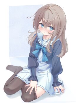 1girl blue_background blue_bow blue_bowtie blue_eyes blue_jacket blush bow bowtie brown_hair clothes_pull embarrassed highres jacket long_hair long_sleeves looking_at_viewer omo_omochi_zzz original pantyhose pantyhose_pull sailor_collar shirt simple_background skirt solo two-tone_background white_background white_sailor_collar white_shirt white_skirt