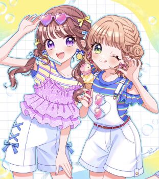 2girls :d ;q arm_up blue_bow blue_outline blue_shirt blush bow braid brown_hair closed_mouth collarbone commentary cowboy_shot english_commentary food green_eyes grid_background hair_bow highres holding holding_food holding_ice_cream ice_cream kuzumochi_(hgnon82) long_hair looking_at_viewer multiple_girls one_eye_closed open_mouth original outline purple_eyes shirt short_hair short_sleeves shorts signature smile striped_clothes striped_shirt tongue tongue_out twin_braids twitter_username white_background white_shorts yellow_bow yellow_shirt