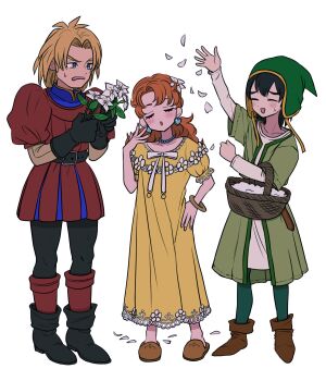 1girl 2boys basket bead_necklace beads black_boots black_gloves black_hair black_pants blonde_hair blue_eyes blush boots bow brown_boots brown_shoes closed_eyes commentary_request dq_yukiyuki dragon_quest dragon_quest_vii dress dress_bow dress_flower earrings falling_petals flower frown full_body furrowed_brow gloves gold_bangle green_hat green_jacket green_pants hair_flower hair_ornament hand_on_own_hip hat heart heart_earrings hero_(dq7) highres holding holding_basket holding_flower jacket jewelry kiefer long_dress long_hair maribel_(dq7) multiple_boys necklace orange_hair pants parted_bangs parted_lips petals puffy_short_sleeves puffy_sleeves red_tunic shirt shoes short_hair short_sleeves sweatdrop tunic white_background white_flower white_petals white_shirt yellow_dress