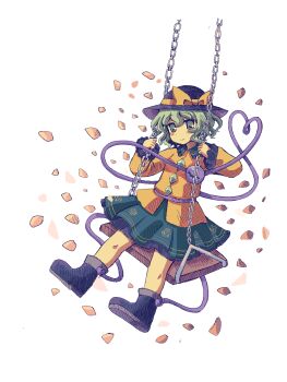 1girl black_boots black_hat boots bow breasts buttons chain collared_shirt commentary diamond_button eyeball floral_print frilled_shirt_collar frilled_skirt frilled_sleeves frills full_body green_eyes green_hair green_skirt hashtag-only_commentary hat hat_bow heart heart_of_string highres komeiji_koishi long_sleeves looking_at_viewer on_swing print_skirt rose_print shirt silverrain simple_background skirt small_breasts solo swing third_eye touhou white_background yellow_bow yellow_shirt