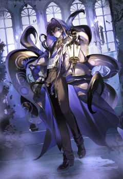 1boy absurdres arched_window arm_at_side black_gloves black_hair black_pants black_shoes brooch bush candelabra candle candlestand chain cloak commentary_request contrast_collar crack cracked_wall crossed_bangs dress_shirt eumi_114 full_body glint gloves gold_trim hair_between_eyes hand_up highres holding holding_lantern hood hooded_cloak indie_virtual_youtuber jewelry lantern light_particles long_sleeves looking_at_viewer male_focus muntins official_alternate_costume official_art pants parted_lips print_shirt puritan_collar purple_cloak purple_eyes rain shaded_face shirt shirt_tucked_in shoes short_hair shoto_(vtuber) solo stairs standing sweater_guard tentacles virtual_youtuber white_shirt window