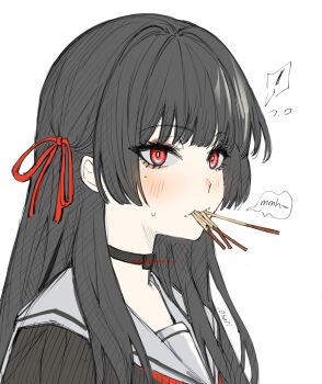 .osari 1girl black_choker black_hair black_serafuku black_shirt blush chisa_(wuthering_waves) choker food food_in_mouth from_side hair_ribbon highres long_hair mole mole_under_eye neckerchief pocky pocky_in_mouth red_eyes red_neckerchief red_ribbon ribbon sailor_collar school_uniform serafuku shirt simple_background solo upper_body white_background white_sailor_collar wuthering_waves