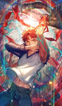 1boy abs arm_up asymmetrical_sleeves blue_pants blue_shirt colored_skin commentary covered_mouth covering_own_mouth cowboy_shot curtained_hair denim diffraction_spikes electricity emiya_shirou fate/grand_order fate/stay_night fate_(series) floating hand_over_own_mouth heaven's_feel holding holding_weapon huge_weapon jeans looking_at_viewer magic magic_circuit male_focus mebaru midriff_peek multicolored_skin nameless_axe-sword_(fate) navel official_art orange_eyes orange_hair pants scene_reference shirt short_hair shroud_of_martin single_bare_arm solo third-party_source toned toned_male torn_sleeve two-tone_skin uneven_sleeves unraveling v-neck v-shaped_eyebrows weapon white_shirt