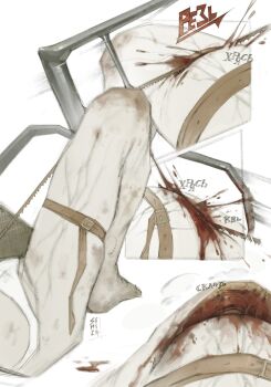 1girl absurdres barefoot blood blood_splatter close-up exposed_bone exposed_muscle guro hacksaw highres leash original panties russian_text saw self-harm solo sound_effects tomtit_bird translation_request underwear