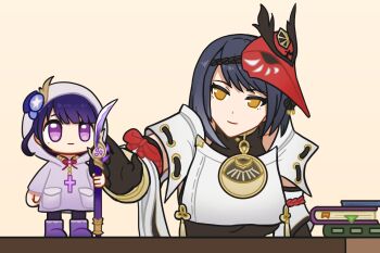 1girl alternate_costume black_gloves black_hair black_tank_top blunt_bangs book boots brown_background christianity closed_mouth collarbone commentary_request cosplay cross cross_necklace engulfing_lightning_(genshin_impact) fan_hair_ornament genshin_impact gloves gradient_hair hair_ornament highres holding holding_polearm holding_weapon hood hood_up japanese_clothes jewelry kujou_sara latin_cross light_smile long_sleeves luce_(jubilee_2025) luce_(jubilee_2025)_(cosplay) mask mask_on_head mole mole_under_eye multicolored_hair neck_ribbon necklace orange_eyes parody pendant polearm purple_boots purple_eyes purple_hair purple_raincoat raiden_shogun raincoat red_mask red_ribbon ribbon scene_reference shade short_hair sitting standing swept_bangs table tank_top toy weapon zeal70233131