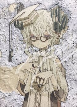 1girl acrylic_paint_(medium) black_nails cactus collar curly_hair expressionless frilled_collar frills glasses gradient_eyes hair_ornament hat high_collar highres jewelry karintoun lace lace_trim long_sleeves medium_hair messy_hair multicolored_eyes nail_polish necklace original painting_(medium) portrait ring sample_watermark sidelocks solo tassel traditional_media watercolor_(medium) watermark wavy_hair