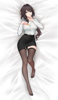 1girl absurdres aqua_nails bead_necklace beads bed_sheet black_thighhighs breasts brown_hair chinese_commentary commentary_request feet finger_to_mouth flower food full_body green_eyes hair_flower hair_intakes hair_ornament hands_up highres holding holding_food honkai:_star_rail honkai_(series) index_finger_raised jewelry knee_up large_variant_set long_hair looking_at_viewer lying medium_breasts multicolored_hair nail_polish necklace no_shoes office_lady on_back on_bed parted_lips pencil_skirt ruan_mei_(honkai:_star_rail) shirt shirt_tucked_in shushing skirt solo streaked_hair thighhighs toenail_polish toenails toes variant_set white_shirt yunkaiming