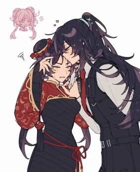 1boy 1girl absurdres arms_behind_back belt black_belt black_hair black_suit blush chibi chibi_inset china_dress chinese_clothes closed_eyes commentary double_bun dress english_commentary formal_clothes frilled_sleeves frills hair_between_eyes hair_bun hand_on_another's_shoulder hand_up highres hong_lu_(project_moon) irkaoy jia_xichun_(project_moon) kiss kissing_forehead limbus_company long_hair long_sleeves multicolored_hair one_eye_closed ponytail project_moon red_rope red_shrug rope shirt shrug_(clothing) siblings suit sweatdrop two-tone_hair white_background white_hair white_shirt yellow_eyes