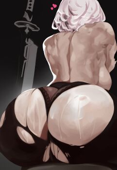 Rule 34 | 2b (nier:automata), absurdres, ass, back, backboob, black panties, black pantyhose, breasts, cyrosucre, heart, highres, huge ass, lace, lace-trimmed panties, lace trim, large breasts, nier:automata, nier (series), oiled, panties, pantyhose, shiny skin, spoken heart, sword, toned, toned female, torn clothes, torn pantyhose, underwear, weapon, white hair
