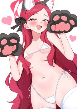 1girl absurdres animal_ears animal_hands bikini black_gloves black_hairband blue_archive blush breasts cat_ears commentary_request fake_animal_ears gloves hairband halo heart highres long_hair looking_at_viewer micro_bikini open_mouth paw_gloves red_eyes red_hair red_halo simple_background small_breasts solo suga_kiiha swimsuit takane_(blue_archive) thighhighs very_long_hair white_background white_bikini white_thighhighs yellow_eyes