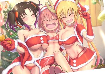 2022 3girls ^_^ asymmetrical_docking bandeau barefoot black_hair blonde_hair blush bow breast_press breasts breasts_squeezed_together chicken_(food) chicken_leg christmas christmas_ornaments christmas_tree cleavage closed_eyes coat commentary cowboy_shot crop_top cropped_jacket dated dragon_girl dragon_horns dress drooling elbow_gloves elma_(maidragon) facing_viewer fang food food_in_mouth food_on_face fried_chicken fur-trimmed_coat fur-trimmed_gloves fur-trimmed_headwear fur-trimmed_jacket fur-trimmed_skirt fur_trim glasses gloves gradient_hair hair_bow hand_up hat holding holding_food horns indoors jacket kobayashi-san_chi_no_maidragon kobayashi_(maidragon) large_breasts leg_up long_hair long_sleeves lowleg lowleg_skirt medium_breasts microskirt multicolored_hair multiple_girls navel off_shoulder open_mouth panties panty_straps photo_(object) pink_hair purple_hair red_bandeau red_coat red_hair red_hat red_panties red_tube_top reiwa_rerere santa_costume santa_dress santa_hat short_hair short_sleeves short_twintails skin_fang skirt smile strapless tohru_(maidragon) tube_top twintails two-tone_hair underboob underwear v