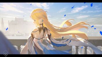 Rule 34 | 1girl, absurdres, artist logo, bare shoulders, black dress, blonde hair, blue eyes, blue sky, cartethyia (wuthering waves), commentary, crown of thorns, day, dress, earrings, english commentary, from side, highres, jewelry, letterboxed, logo, long hair, multiple earrings, outdoors, parted lips, pointy ears, qurami, sky, solo, wuthering waves