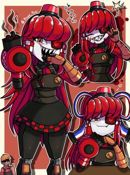 1boy 1girl :3 absurdres alarm_siren arm_cannon artist_name black_dress blood blood_on_clothes blood_on_face bloody_weapon blush border borrowed_character checkered_trim closed_mouth colored_skin commentary cosplay crosshair_pupils desk doki_doki_literature_club dress engineer_(tf2) english_commentary fang fang_out feet_out_of_frame goggles grey_skin grin gun hair_ribbon hard_hat head_rest heart helmet heterochromia highres joints laughing long_hair looking_at_viewer mimi-sentry_(flyingpiggles) monika_(doki_doki_literature_club) monika_(doki_doki_literature_club)_(cosplay) multicolored_ribbon multiple_views ojou-sama_pose one_eye_closed open_mouth original overalls personification proxy_toxi red_background red_engineer_(tf2) red_eyes red_hair red_shirt ribbon robot robot_girl robot_joints school_desk sharp_teeth shirt short_sleeves simple_background sitting smile smoke smoking_barrel team_fortress_2 teeth thumbs_up upper_body v v_over_eye weapon white_border wrench yellow_eyes