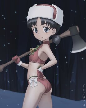 1girl absurdres ass axe bikini black_hair blue_eyes blush closed_mouth flintard forest fur_hat girls_und_panzer gloves hand_on_own_hip hat highres holding holding_axe looking_at_viewer nature nina_(girls_und_panzer) outdoors red_bikini red_gloves santa_bikini santa_costume short_hair side-tie_bikini_bottom smile snowing solo swimsuit twintails