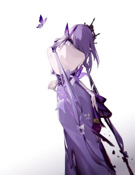 1girl back black_tiara bug butterfly castorice_(honkai:_star_rail) flower from_behind gradient_background highres honkai:_star_rail honkai_(series) insect nineo pointy_ears purple_butterfly purple_flower purple_hair solo tiara white_background