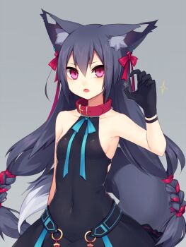1girl animal_ear_fluff animal_ears bare_shoulders bow braid breasts collar covered_navel dress fang female_focus fox_ears fox_tail gloves hair_ribbon long_hair looking_at_viewer muryotaro open_mouth original paw_pose pink_eyes ribbon sharp_nails small_breasts solo sparkle tail tight_clothes twin_braids very_long_hair