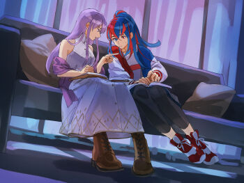 1girl alternate_costume bare_shoulders black_leggings blue_eyes blue_hair blue_jacket book boots breasts brown_boots commentary commission couch cushion dress english_commentary female_alear_(fire_emblem) fire_emblem fire_emblem:_genealogy_of_the_holy_war fire_emblem_engage fusenryo heterochromia highres indoors jacket julia_(fire_emblem) leggings letterman_jacket long_hair looking_at_another medium_breasts multicolored_hair multicolored_jacket nintendo official_alternate_hairstyle on_couch open_clothes open_jacket ponytail purple_eyes purple_hair purple_shawl red_eyes red_hair red_jacket red_shoes second-party_source shawl shirt shoes sitting white_shirt