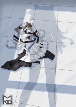 1girl absurdres commentary dress english_commentary highres hololive hololive_indonesia implied_nudity indoors long_hair mikedrawart shadow solo standing tile_floor tiles unworn_dress vestia_zeta virtual_youtuber white_dress