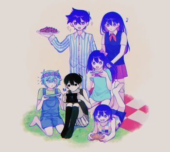 +_+ 2girls 4boys antenna_hair aubrey_(headspace)_(omori) aubrey_(omori) barefoot basil_(headspace)_(omori) basil_(omori) black_eyes black_hair black_socks black_tank_top blue_overalls blue_pajamas blue_pants blue_shirt bow bra_strap bright_pupils checkered_clothes chocolate_chip_cookie closed_mouth collarbone collared_pajamas collared_shirt colored_skin commentary_request controller cookie double-parted_bangs eighth_note feet_up flower flower_wreath food game_controller green_eyes green_hair green_shirt grey_background hair_between_eyes hair_bow handheld_game_console head_wreath hero_(headspace)_(omori) hero_(omori) highres holding holding_controller holding_game_controller holding_handheld_game_console holding_plate kel_(headspace)_(omori) kel_(omori) kneehighs korean_commentary long_hair long_shirt lying mari_(headspace)_(omori) mari_(omori) multicolored_pajamas multiple_boys multiple_girls musical_note neckerchief nintendo_switch omo_taru omori omori_(omori) on_stomach open_mouth overall_shorts overalls pajamas pants pink_bow plate pleated_skirt purple_eyes purple_hair red_neckerchief red_skirt shirt short_hair short_sleeves shorts sidelocks simple_background sitting skirt socks sparkle striped_clothes striped_pajamas striped_pants striped_shorts t-shirt tank_top teeth tongue two-tone_pajamas two-tone_pants vertical-striped_clothes vertical-striped_pajamas vertical-striped_pants vertical-striped_shorts wariza white_pajamas white_pants white_pupils white_shirt white_shorts white_skin