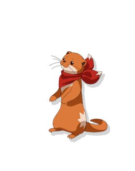 1boy :3 barefoot black_background black_eyes bow closed_mouth clothed_pokemon dugong_(world_dai_star) full_body hat highres holding looking_at_viewer looking_back male_focus no_humans official_art red_bow red_scarf scarf smile solo standing transparent_background world_dai_star