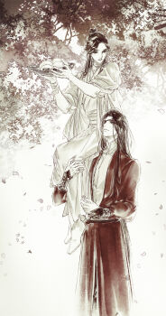 2boys bandaged_neck bandaged_wrist bandages basket black_hair boots bracelet braid carrying carrying_person chinese_clothes chinese_commentary closed_eyes closed_mouth collared_shirt commentary_request couple falling_leaves food hair_bun half_updo hanfu highres holding holding_basket hua_cheng jewelry leaf long_hair long_sleeves looking_at_another male_focus monochrome multiple_boys parted_lips petals popped_collar red_hanfu robe shirt shoulder_carry side_braid silver_bracelet single_braid single_hair_bun sleeves_rolled_up smile spot_color standing starember steamed_bun tianguan_cifu tree undershirt white_boots white_hanfu white_shirt xie_lian yaoi