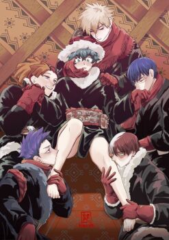 bakudeku bakugou_katsuki bare_legs barefoot blonde_hair blue_hair blush boku_no_hero_academia brown_hair coat curly_hair feet freckles glasses harem hood hoodie iida_tenya kiss legs male_harem messy_hair midoriya_izuku multicolored_hair psyblix red_hair rody_soul scar short_hair spiked_hair tododeku todoroki_shoto toes two-tone_hair white_hair yaoi