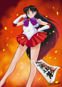 Rule 34 | 1girl, bishoujo senshi sailor moon, black hair, bow, bowtie, breasts, brooch, covered navel, dj jdite, elbow gloves, fiery background, fire, from below, gloves, high heels, hino rei, jewelry, looking at viewer, looking down, ofuda, parted bangs, pleated skirt, purple bow, purple bowtie, purple eyes, red sailor collar, red skirt, sailor collar, sailor mars, shirt, skirt, small breasts, smile, solo, swept bangs, white gloves, white shirt