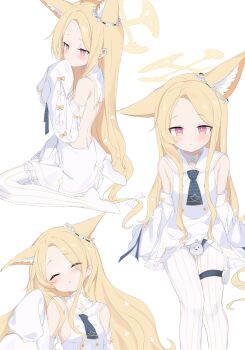 1girl :o animal_ear_fluff animal_ears backless_dress backless_outfit bare_back bare_shoulders bird bird_on_lap blonde_hair blue_archive blue_necktie blush bow breasts buttons closed_eyes closed_mouth commentary convenient_censoring covering_own_mouth cross_halo detached_sleeves dot_nose double-breasted dress ear_wreath extra_ears feet floppy_ears flower forehead fox_ears fox_girl fox_tail frilled_dress frills gradient_eyes hair_flower hair_ornament half-closed_eyes halo hand_over_own_mouth hand_to_own_mouth hand_up highres loli long-tailed_tit long_hair looking_at_viewer multicolored_eyes multiple_views necktie no_shoes open_mouth pantyhose parted_lips sailor_collar seia_(blue_archive) sideboob sidelocks simple_background sitting sleeve_bow sleeves_past_fingers sleeves_past_wrists small_breasts soles solo striped_clothes striped_pantyhose tail tail_bow tail_ornament thigh_strap thighs tit_(bird) tttlr vertical-striped_clothes vertical-striped_pantyhose very_long_hair wariza white_background white_bird white_bow white_dress white_pantyhose white_sailor_collar white_sleeves yellow_bow yellow_halo