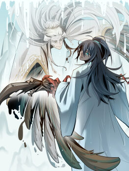 1boy 1girl absurdres black_eyes black_hair chinese_clothes chinese_commentary coat daxiushan dissolving falling feet_out_of_frame floating_hair from_behind grandmother_and_grandson guan_dao hair_bun hair_ornament hair_pulled_back hair_stick half_updo hanfu heterochromia high_ponytail highres holding holding_polearm holding_weapon hong_lu_(project_moon) jia_mu_(project_moon) jingwen karst limbus_company long_hair long_sleeves looking_at_another looking_at_viewer looking_back mountain old old_woman polearm ponytail project_moon rain sidelocks single_hair_bun smile standing very_long_hair water weapon white_coat white_hanfu wide_sleeves winged_arms wings wrinkled_skin yellow_eyes