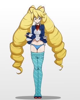 Rule 34 | 1girl, akayukizero, blonde hair, blue dress, blue panties, blue pantyhose, cameltoe, clothes lift, dress, dress lift, drill hair, grey background, highres, lifting own clothes, long hair, luna platz (mega man), mega man (series), mega man star force (series), panties, pantyhose, pantyhose around legs, simple background, striped clothes, striped pantyhose, twin drills, underwear, very long hair