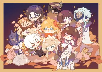 4girls 6+boys :3 acorn ahoge aiguillette angel_wings aqua_eyes aqua_hair arlecchino_(genshin_impact) artist_name ascot black-framed_eyewear black_background black_collar black_hair black_helm black_helmet black_mask black_pants black_shoes blonde_hair blunt_bangs blunt_ends blunt_tresses blush blush_stickers boots border bow bowtie box bright_pupils candy_wrapper capitano_(genshin_impact) chest_jewel coat collar colored_tips columbina_(genshin_impact) cross-shaped_pupils cup dottore_(genshin_impact) eye_mask facial_hair facing_another facing_to_the_side facing_viewer falling_petals fatui_coat flower fur_collar gem genshin_impact gift gift_box goatee gold gold_trim gradient_background gradient_hair grey_eyes hair_intakes hair_ornament hair_ribbon half-closed_eyes half_mask hand_on_own_cheek hand_on_own_face hat helmet highres in_container in_cup jewelry knee_boots lace_mask lapels large_bow leaf liuyun_(liuyun73492) long_nose looking_at_viewer looking_back mask mask_on_head multicolored_hair multiple_boys multiple_girls mustache neck_ring open_clothes open_coat open_mouth orange_border orange_hair pantalone_(genshin_impact) pants parted_bangs petals pierro_(genshin_impact) pink_flower pink_hair pink_petals pink_rose pointy_nose pulcinella_(genshin_impact) purple_background purple_eyes purple_hat red_gemstone red_mask red_ribbon red_scarf ribbon rose sandrone_(genshin_impact) scaramouche_(genshin_impact) scarf semi-rimless_eyewear shoes short_hair short_hair_with_long_locks sidelocks signora_(genshin_impact) sitting smile sparkle symbol-shaped_pupils tartaglia_(genshin_impact) top_hat tress_ribbon white_ascot white_border white_bow white_bowtie white_coat white_hair white_pupils white_wings wing_hair_ornament wings winter_clothes winter_coat wispy_bangs yellow-framed_eyewear