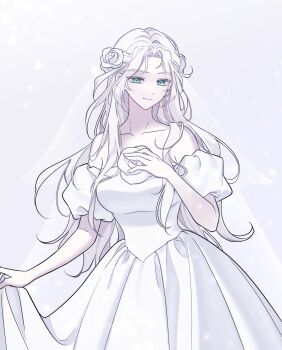 1girl alternate_costume bare_shoulders blue_eyes collarbone cowboy_shot detached_sleeves dreaminglum dress final_fantasy final_fantasy_xiv flower hair_flower hair_ornament half_updo hand_on_own_chest highres long_hair looking_at_viewer rose simple_background skirt_hold smile solo standing veil venat_(ff14) white_background white_dress white_flower white_hair white_rose