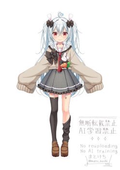 1girl ahoge asymmetrical_legwear black_bow black_thighhighs blush bow brown_cardigan brown_shoes cardigan closed_mouth copyright_request cropped_cardigan dress frilled_dress frilled_sailor_collar frills full_body garter_straps grey_dress grey_hair hair_between_eyes hair_bow heart heart_ahoge loafers long_hair long_sleeves matokechi official_art open_cardigan open_clothes pleated_dress puffy_long_sleeves puffy_sleeves red_eyes sailor_collar sailor_dress shoes simple_background sleeves_past_fingers sleeves_past_wrists smile solo standing thighhighs thighhighs_pull twintails very_long_hair virtual_youtuber watermark white_background white_sailor_collar