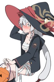 1girl bandaged_chest black_hat black_jacket blue_archive blush closed_mouth eri_(blue_archive) from_side halo hat highres invisible_chair jacket long_hair long_sleeves looking_at_viewer miyamura_(mymr06) open_clothes open_jacket simple_background sitting solo white_background white_hair witch_hat yellow_eyes yellow_halo