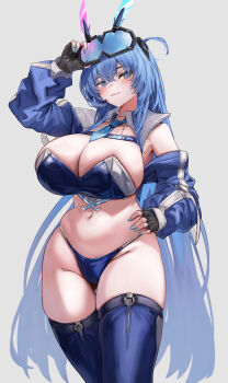 1girl :3 absurdres adjusting_eyewear animal_ears azur_lane black_gloves blue_eyes blue_nails blue_necktie blue_panties blue_shrug blue_thighhighs breasts cleavage commentary_request cowboy_shot eyewear_on_head fake_animal_ears fingerless_gloves gloves highres huge_breasts long_hair long_sleeves looking_at_viewer loose_necktie nail_polish necktie new_jersey_(azur_lane) new_jersey_(black_blur_prelude)_(azur_lane) official_alternate_costume panties puffy_long_sleeves puffy_sleeves race_queen short_necktie shrug_(clothing) simple_background skindentation solo thighhighs underwear very_long_hair white_background ye_yue