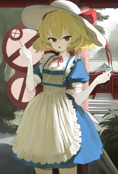 1girl :o absurdres apron blonde_hair blue_dress commentary_request dress elbow_gloves funengliang_(naidesu) gloves hat highres holding holding_road_sign kana_anaberal looking_at_viewer maid_apron red_eyes road_closed_to_vehicles_sign road_sign sign solo touhou touhou_(pc-98) white_gloves white_hat