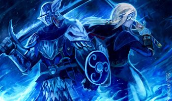 1boy 1girl armor artist_name aura blindfold_mask blonde_hair closed_mouth commentary duchess_(elden_ring) elden_ring elden_ring_nightreign english_commentary gloves helmet highres holding holding_shield holding_sword holding_weapon inktober long_hair mask shield standing sword temmaru1 weapon white_gloves winged_helmet wylder_(elden_ring)